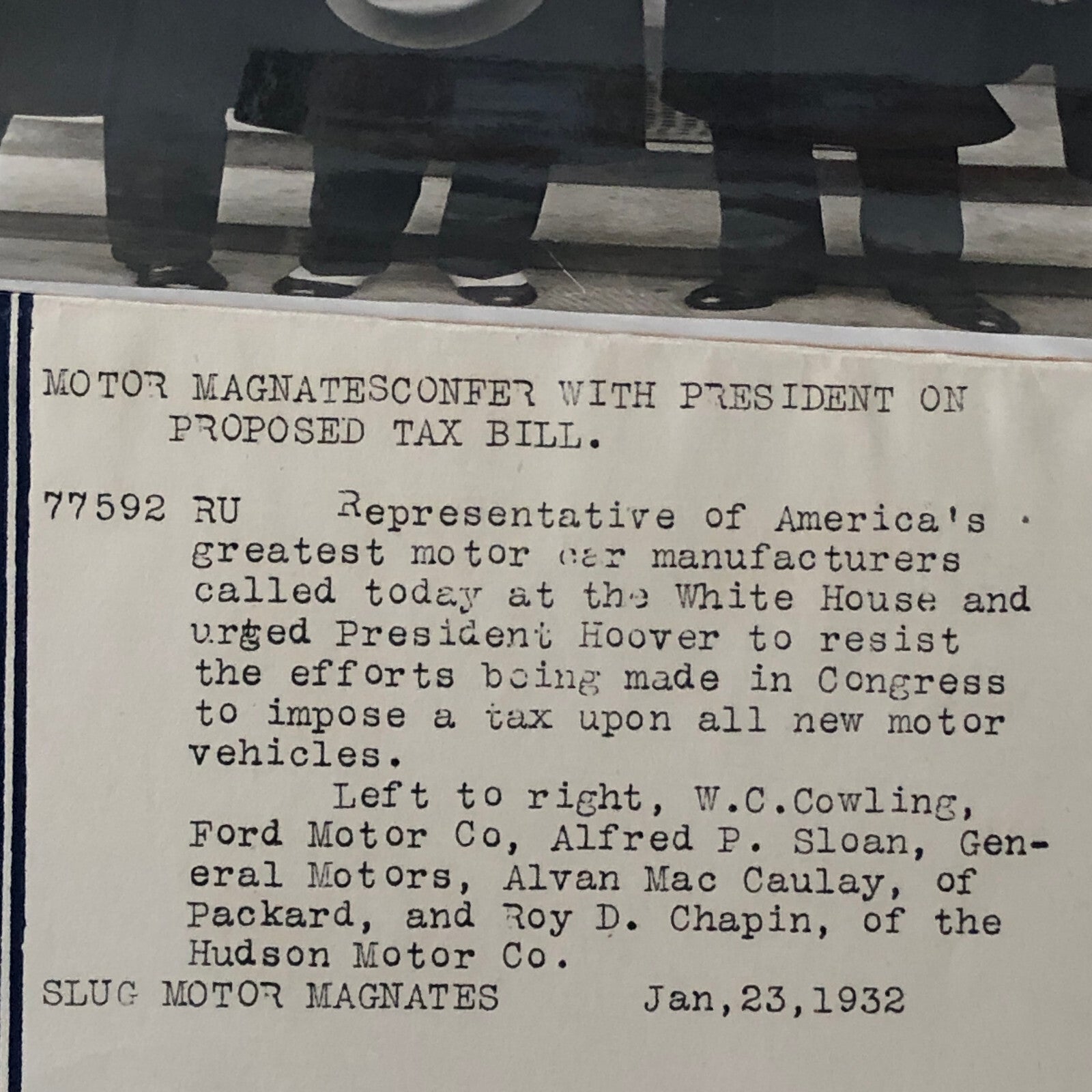 Press Photo Photograph Automakers Lobby President Hoover GM Ford Packard Hudson