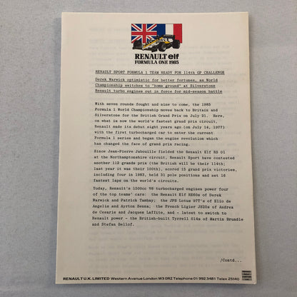 1985 Renault F1 Press Kit ELF Formula One Patrick Tambay Derek Warwick Team