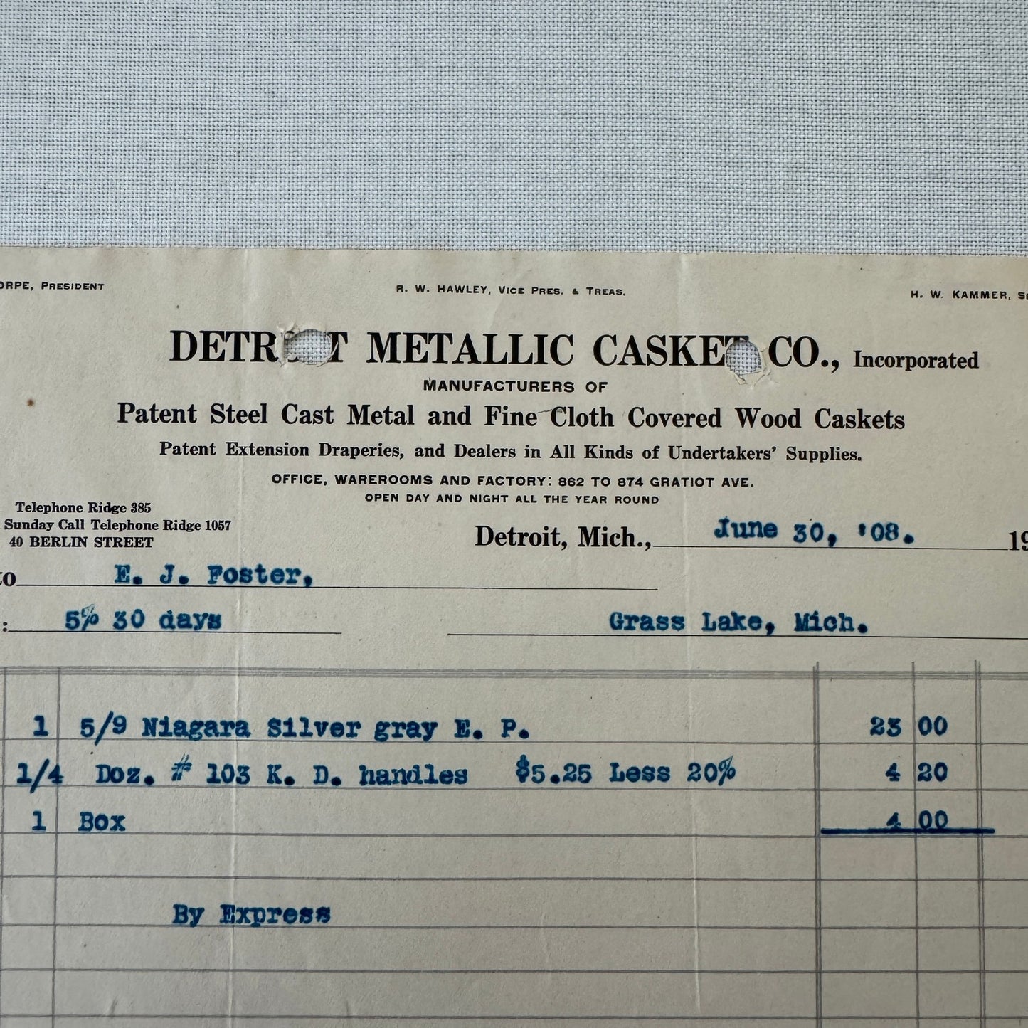 Detroit Metallic Casket Company 1908 Invoice Receipt Document Lot 3x Funeral