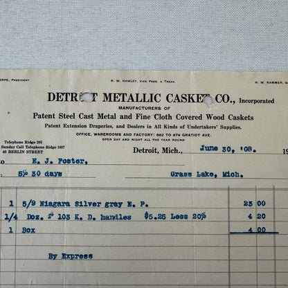 Detroit Metallic Casket Company 1908 Invoice Receipt Document Lot 3x Funeral