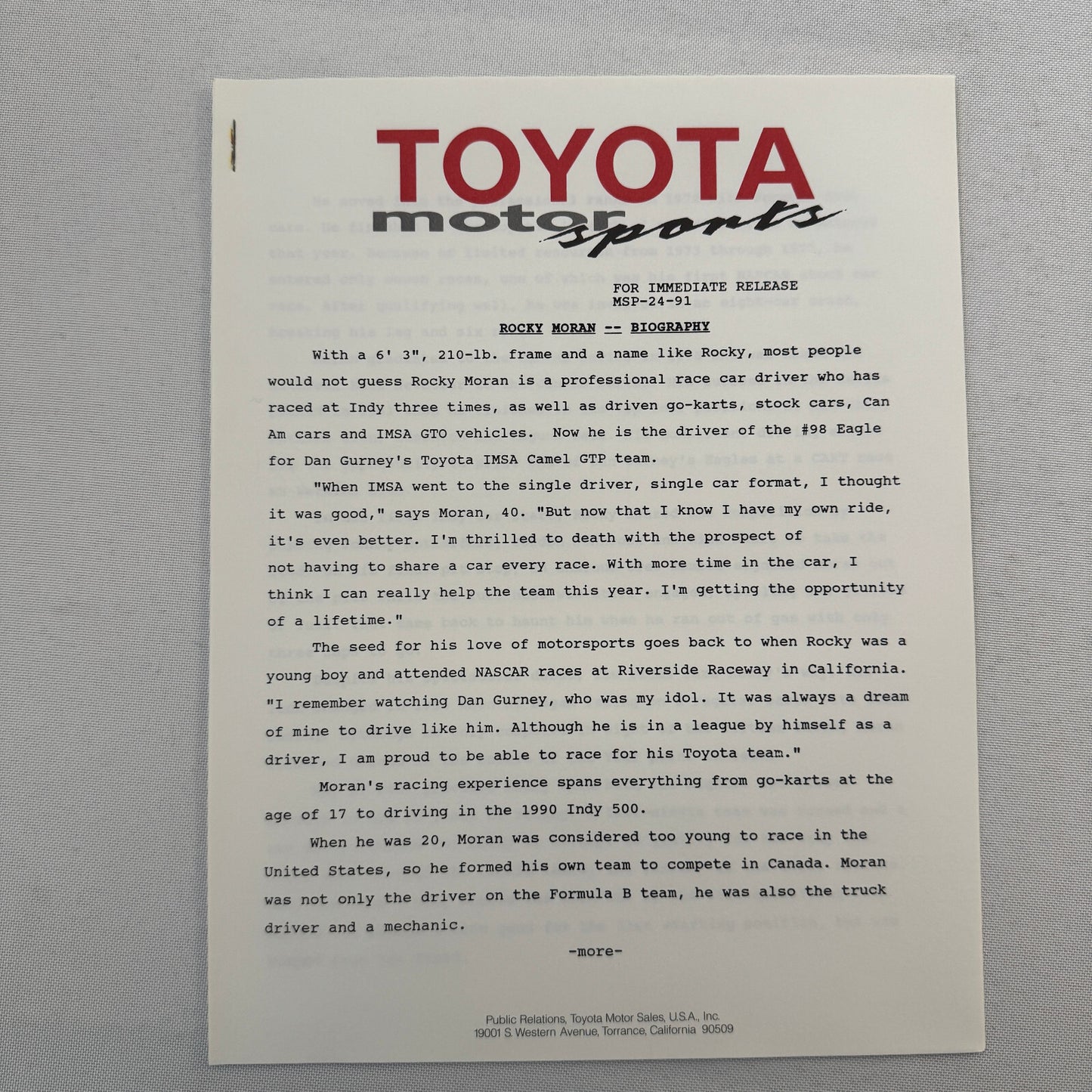 1991 Toyota Motorsport Racing Press Kit Dan Gurney Willy T Ribbs Fangio II