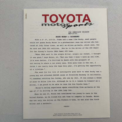 1991 Toyota Motorsport Racing Press Kit Dan Gurney Willy T Ribbs Fangio II