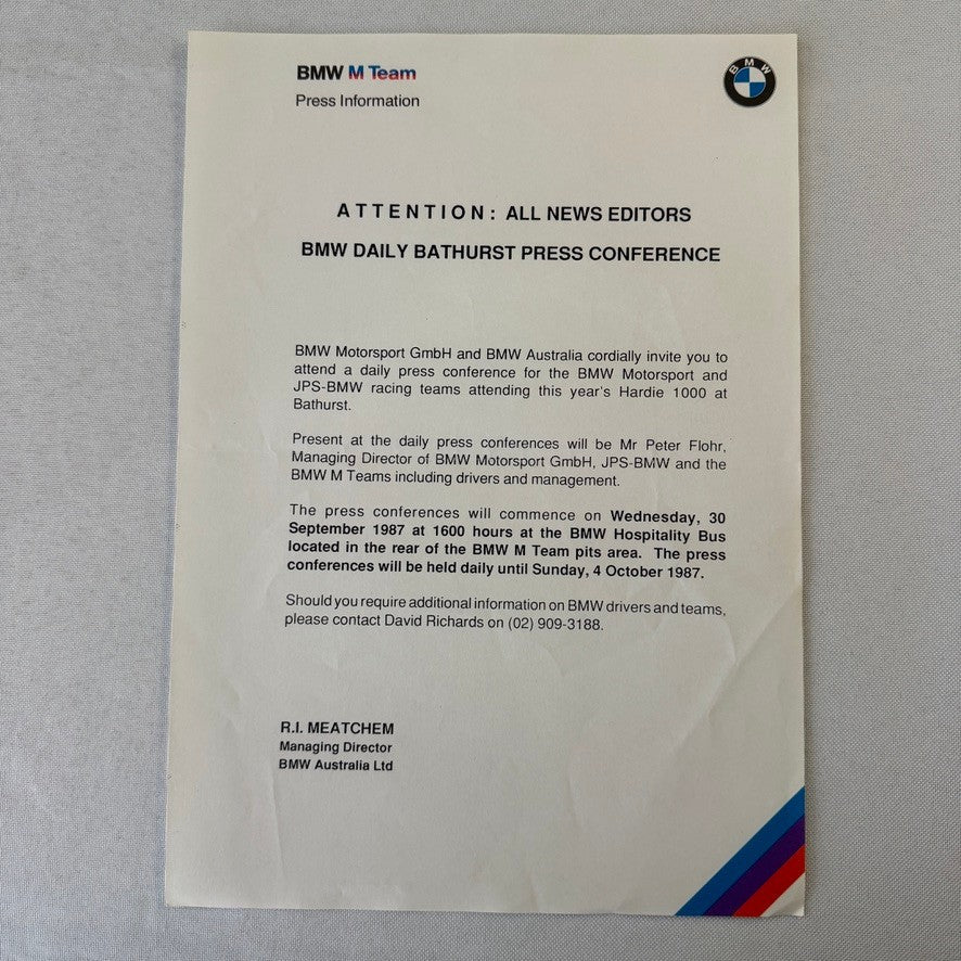 1987 BMW Motorsport John Player Special Racing Team Press Kit Brochure Photos