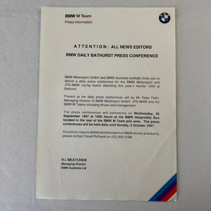 1987 BMW Motorsport John Player Special Racing Team Press Kit Brochure Photos