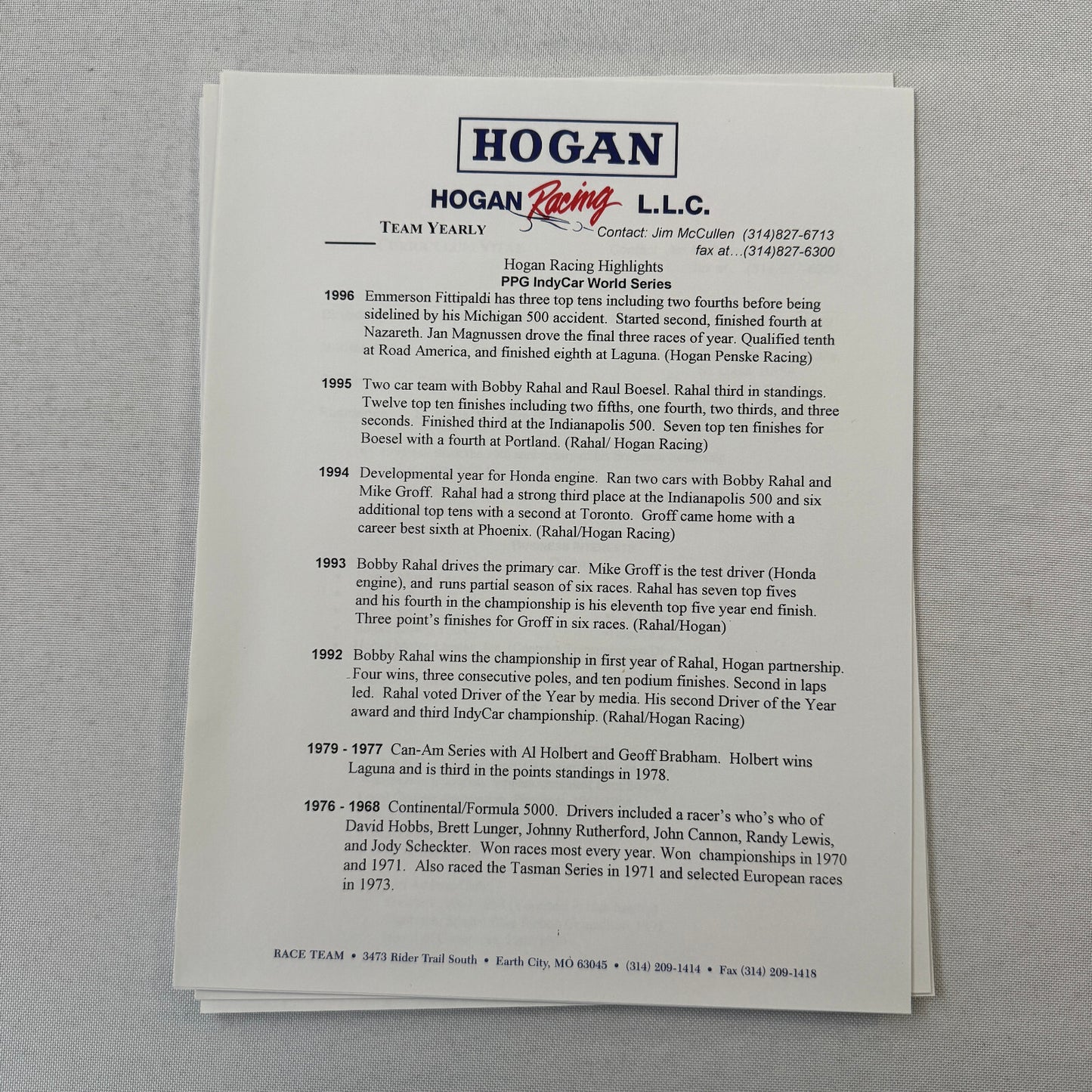 Hogan Racing PPG CART Dario Franchitti Reynard Mercedes Car Racing Press Kit