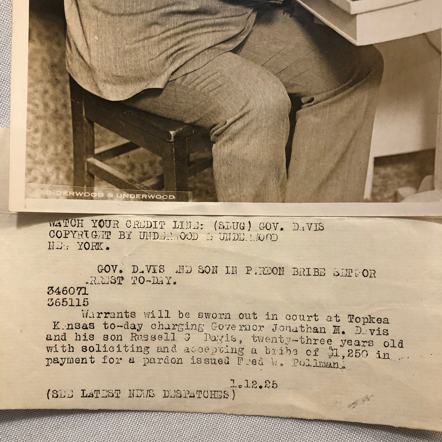 Press Photo Photograph Governor Arrested for Accepting Bribe 1925 Underwood