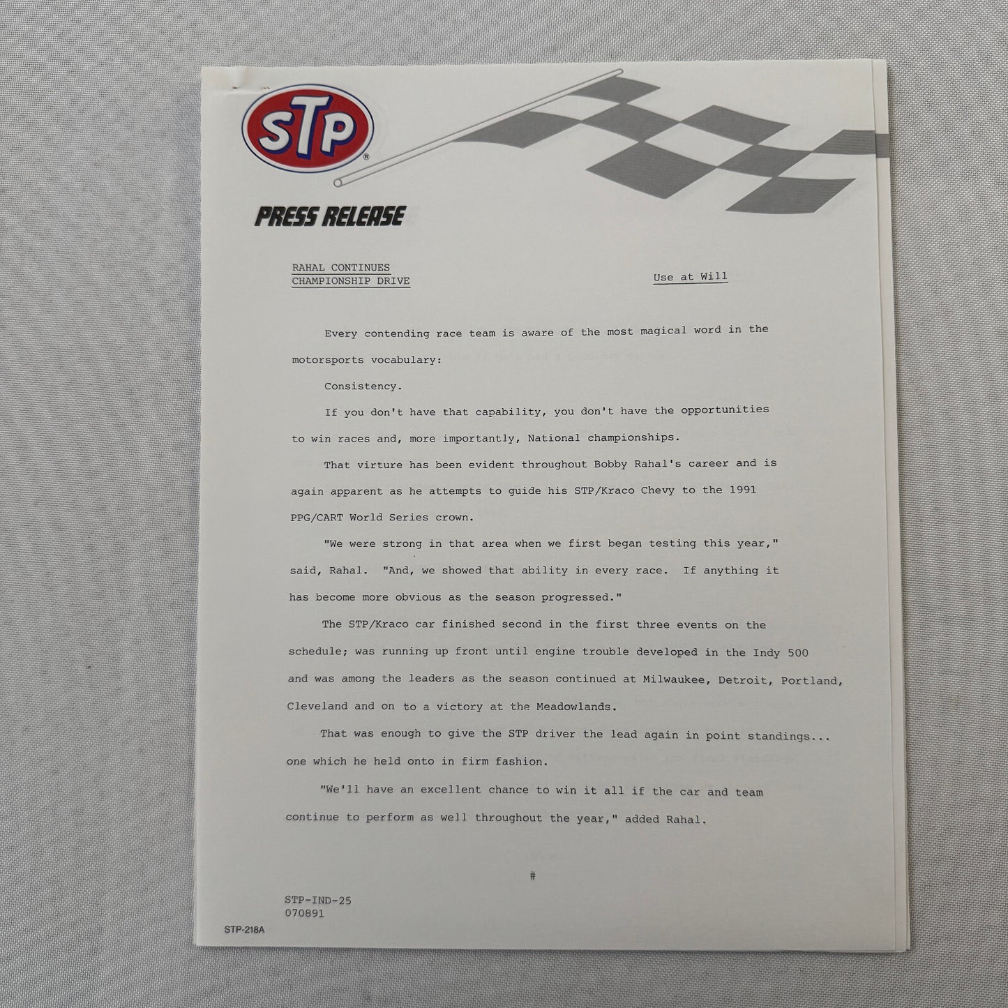 STP Racing Bobby Rahal Kraco Chevy Chevrolet CART PPG Racing Press Kit Brochure