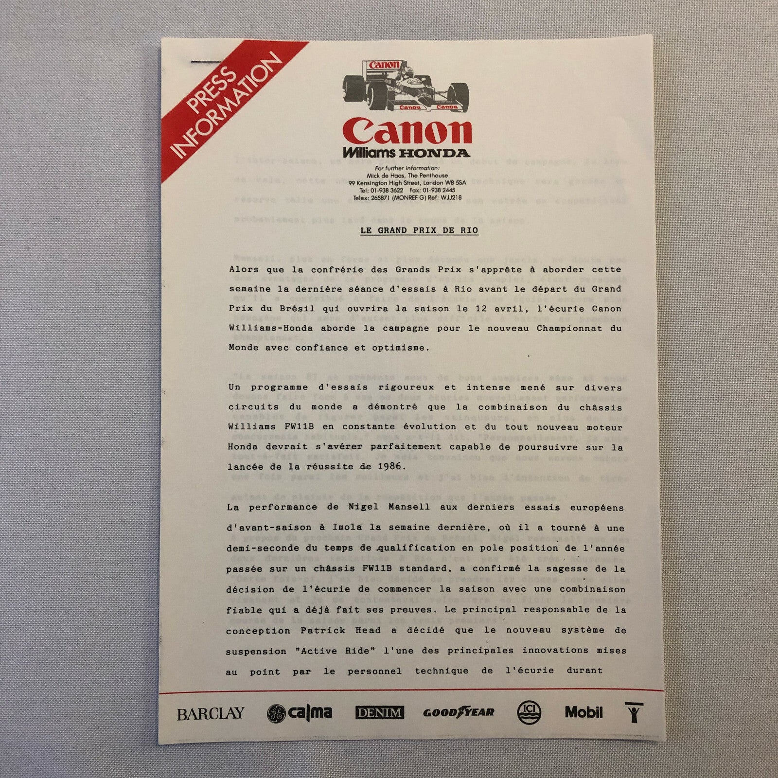 1987 Honda Williams F1 Racing Press Release Lot Nelson Piquet Mansell FRENCH