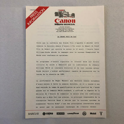1987 Honda Williams F1 Racing Press Release Lot Nelson Piquet Mansell FRENCH
