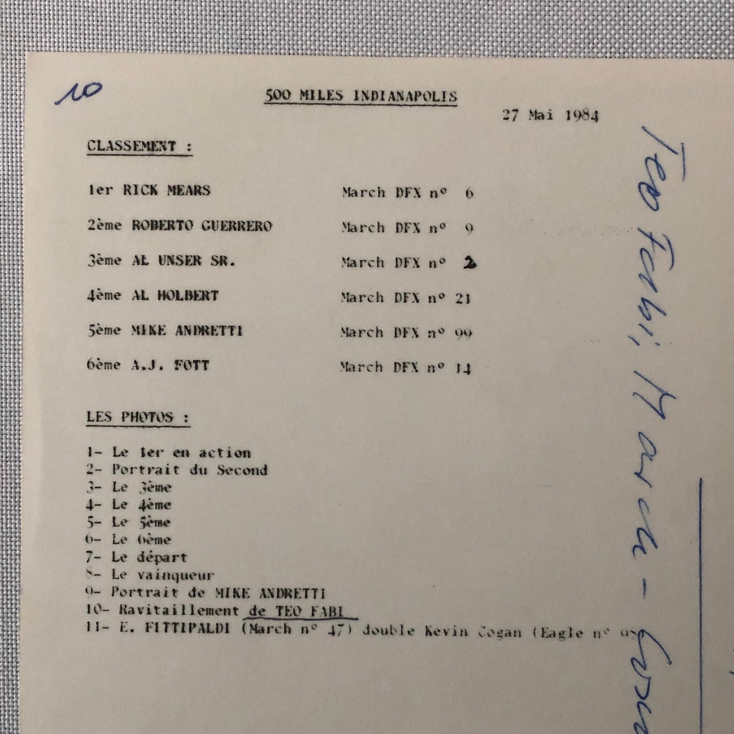 Vintage Indy Indianapolis Racing Photo Photograph Teo Fabi 1984 Skoal Bandit