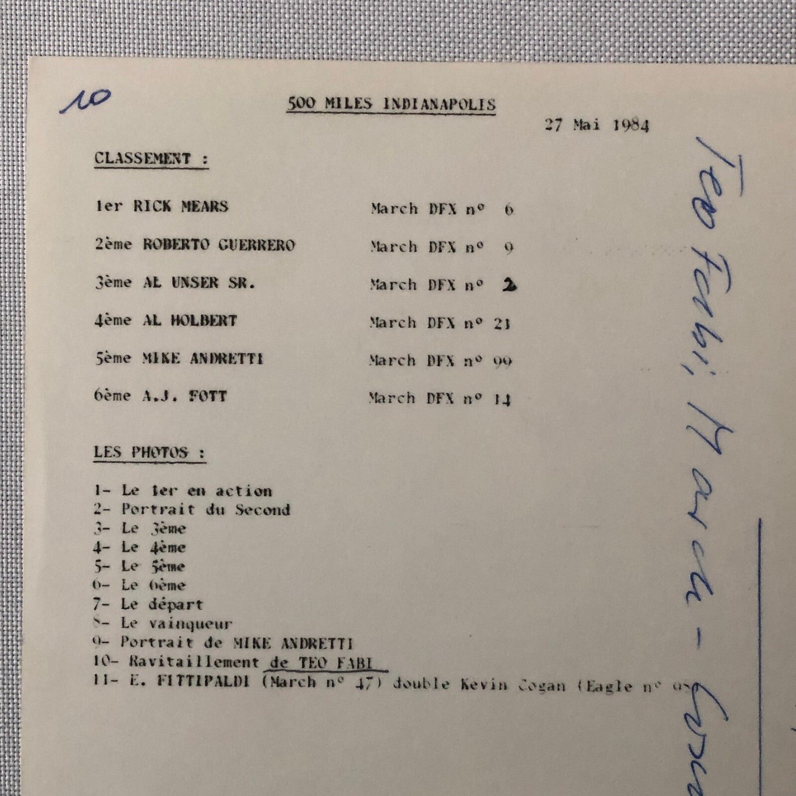 Vintage Indy Indianapolis Racing Photo Photograph Teo Fabi 1984 Skoal Bandit