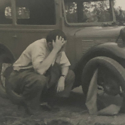 Vintage Photo Photograph Frustrated Man with Flat Tire Car Automobile