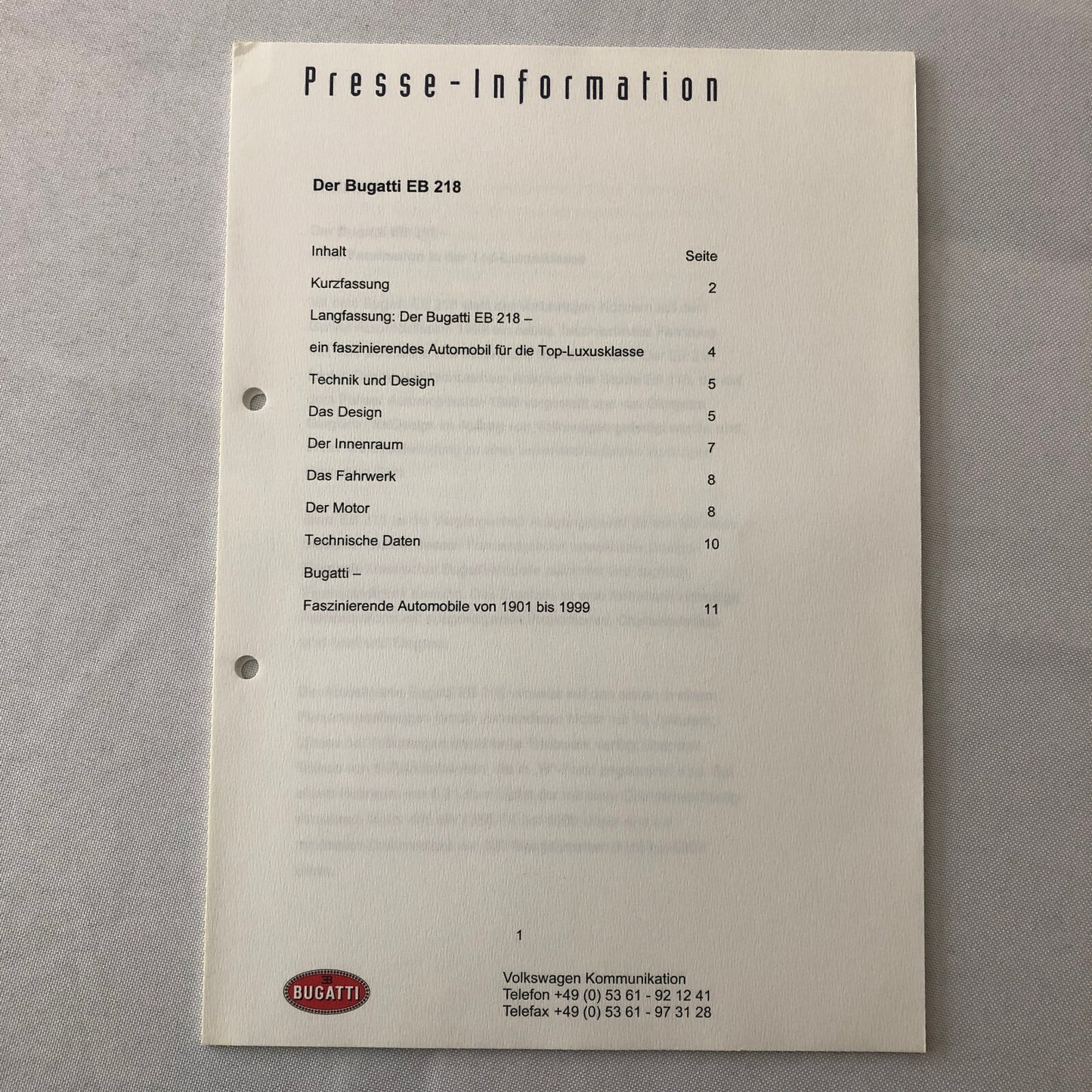 Bugatti EB 218 Concept Car Press Kit Brochure Photos Bugatti EB218 GERMAN Text