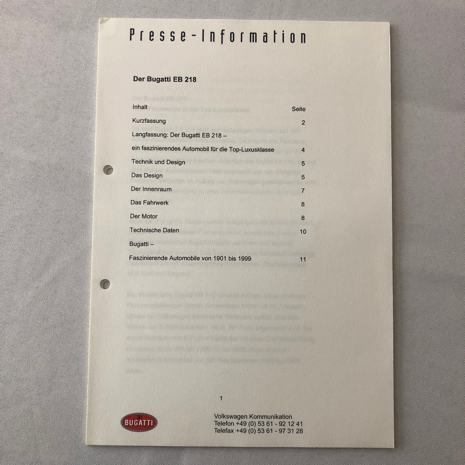 Bugatti EB 218 Concept Car Press Kit Brochure Photos Bugatti EB218 GERMAN Text