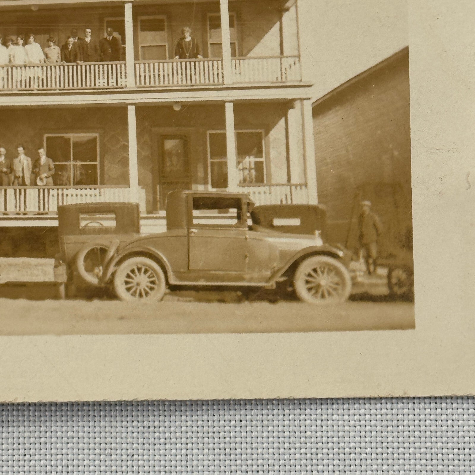 Real Photo Postcard RPPC Hotel Victoria People Cars Automobile Antique Vintage