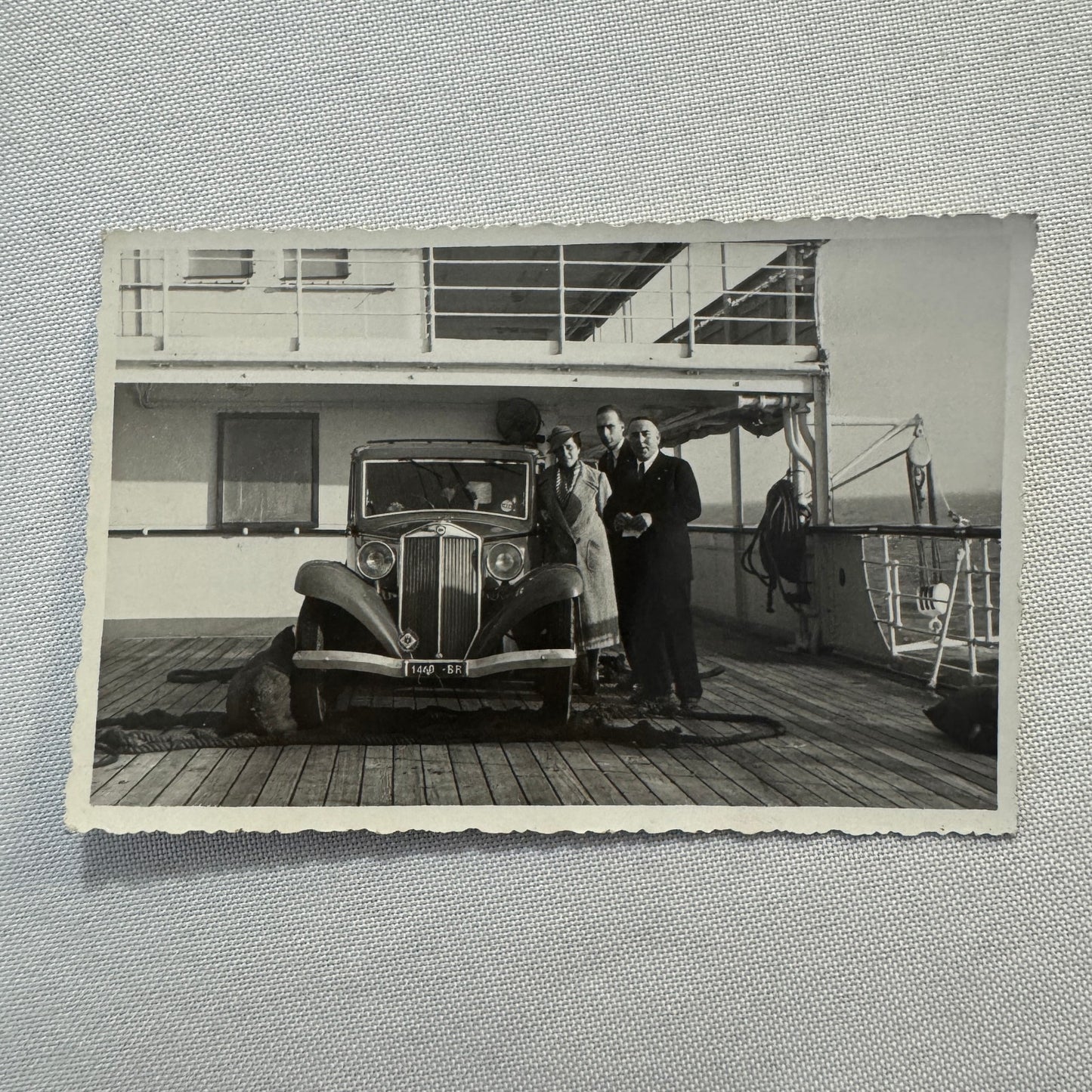 Vintage Photograph Photo Print People with Car Automobile on Boat Ship European