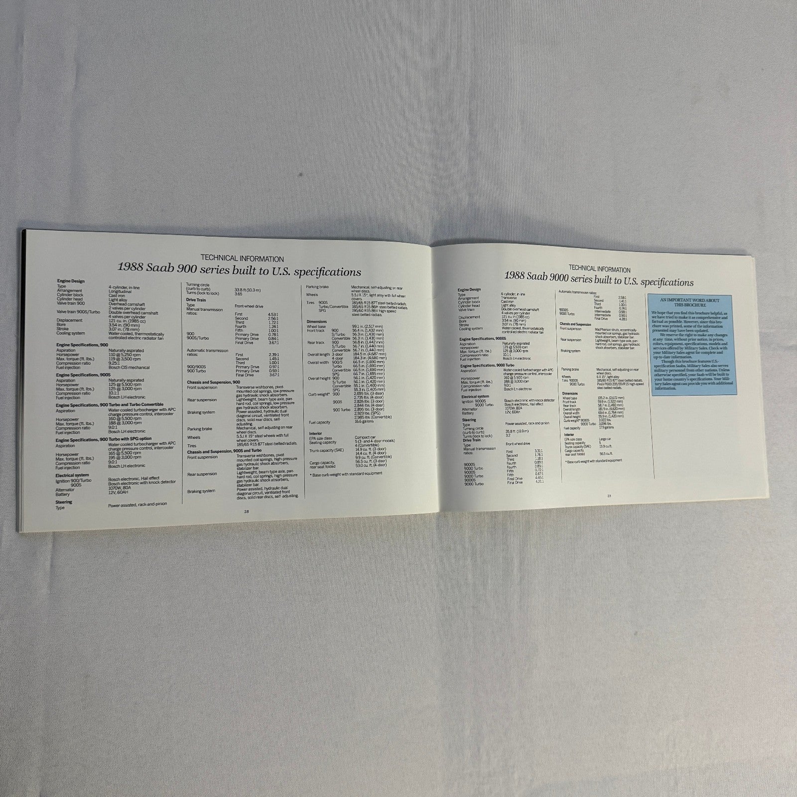 1988 Saab Military Sales Brochure Catalog Saab 900 Turbo 9000 900S Convertible