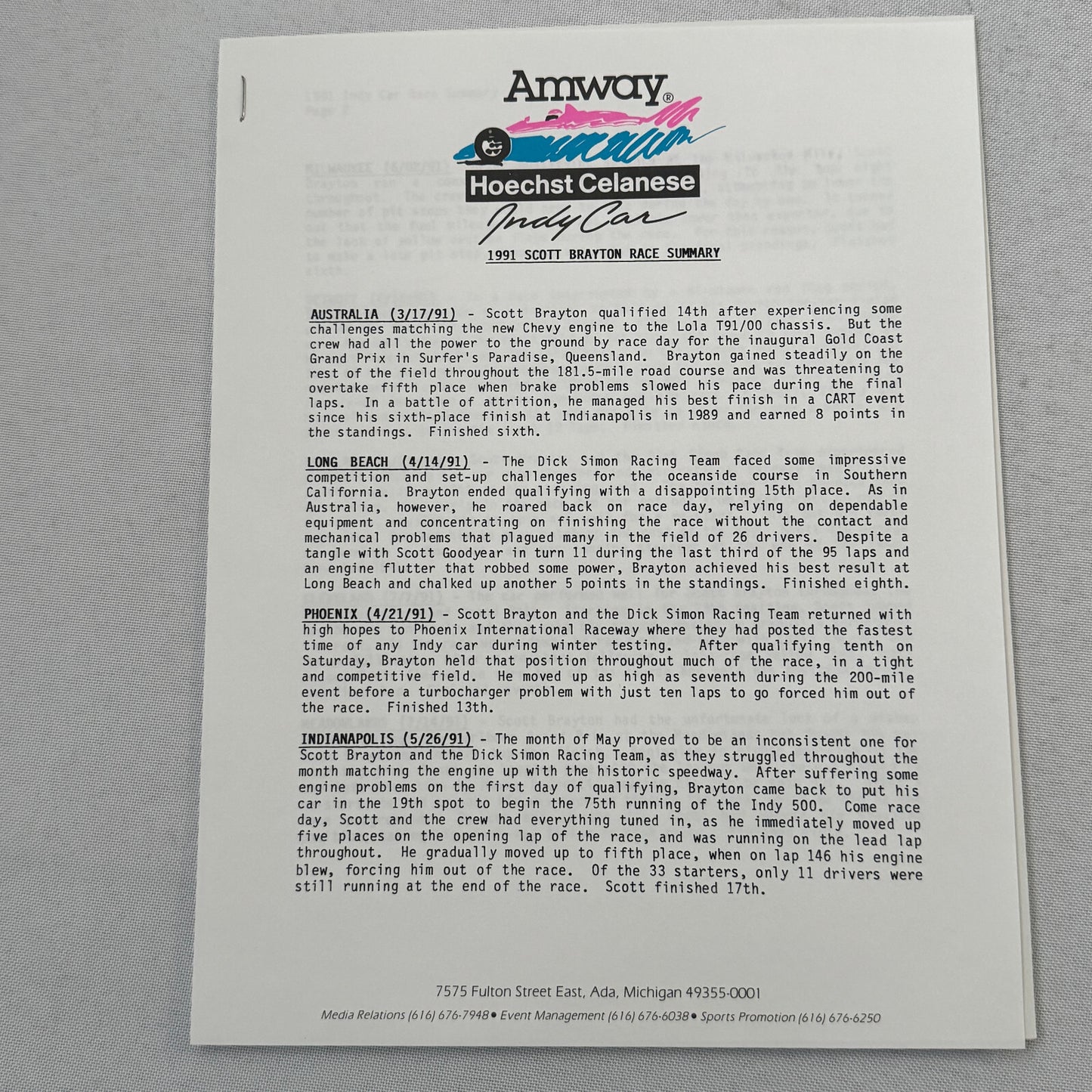 1991 Amway Indy Car Racing Press Kit Brochure Vintage Scott Brayton Driver