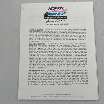 1991 Amway Indy Car Racing Press Kit Brochure Vintage Scott Brayton Driver