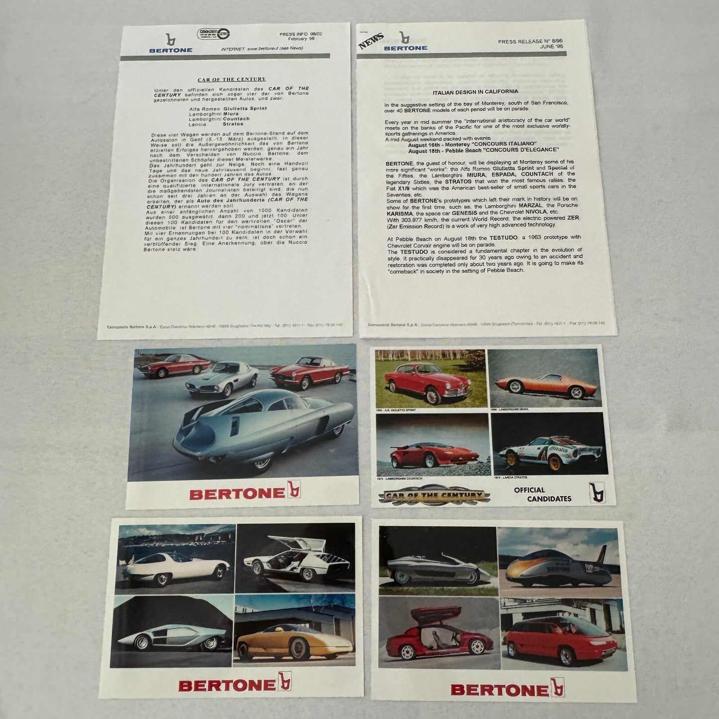 Bertone Press Kit 1998 Lamborghini Miura Countach Lancia Stratos Alfa Romeo +