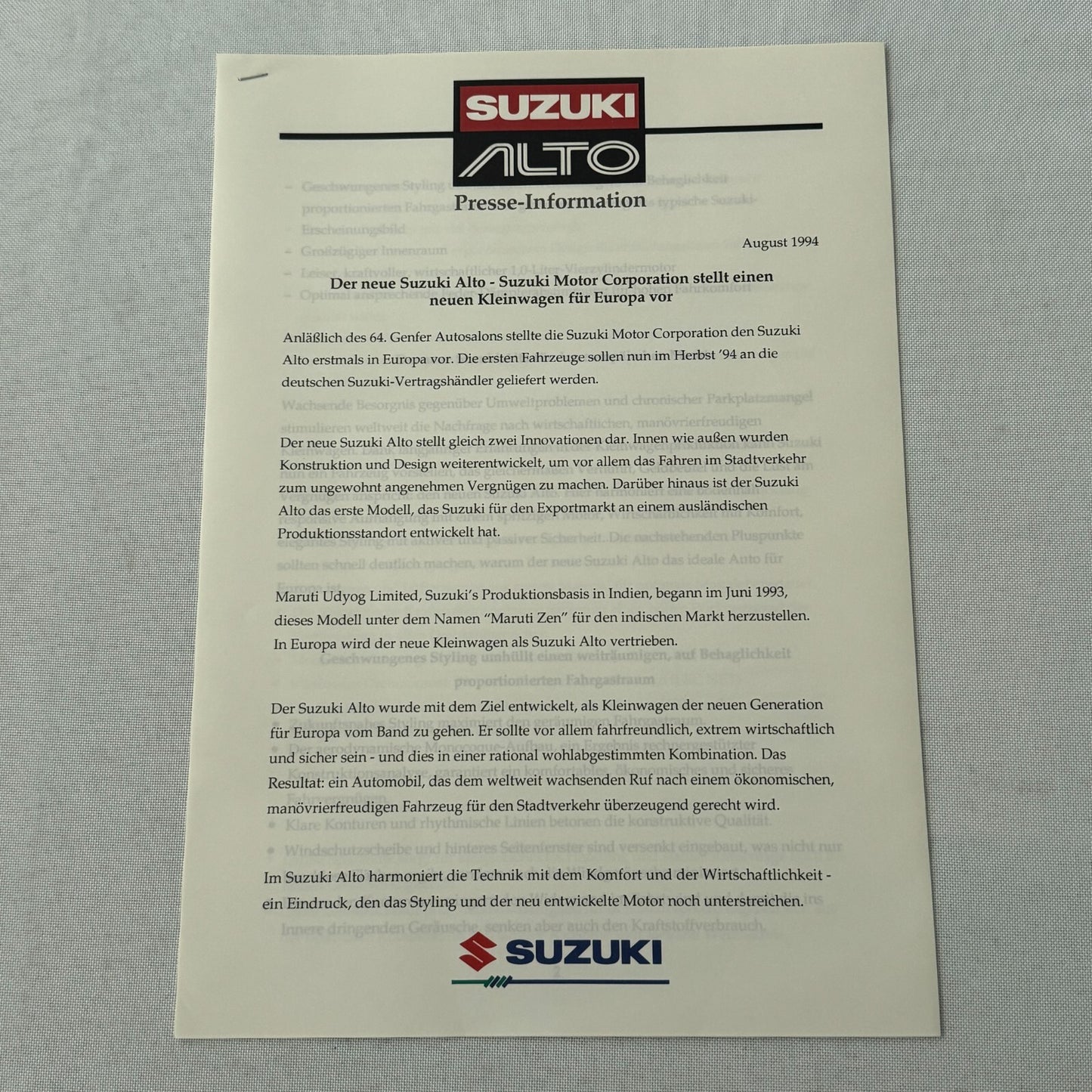 Suzuki Alto Car Press Kit Brochure Catalog Photos European
