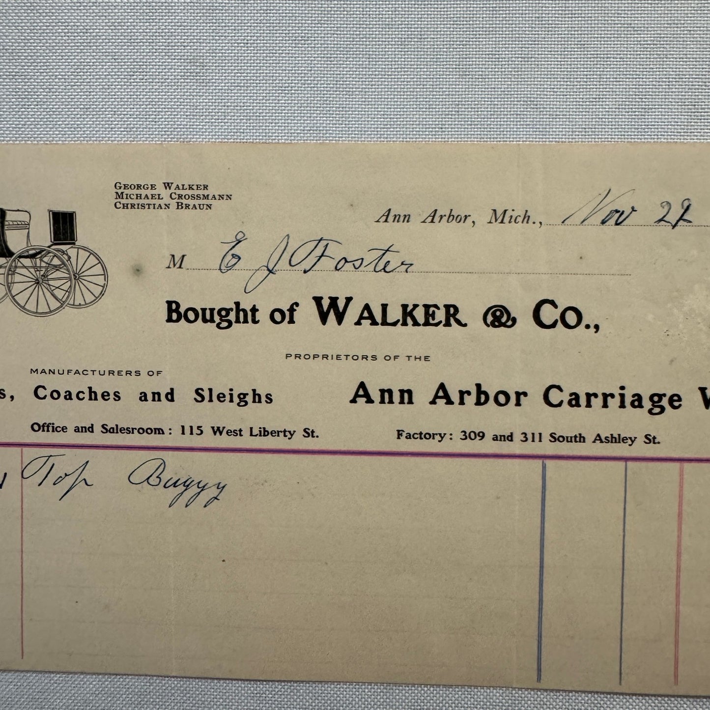 1907 Walker and Company Ann Arbor Carriage Works Receipt Letterhead Document
