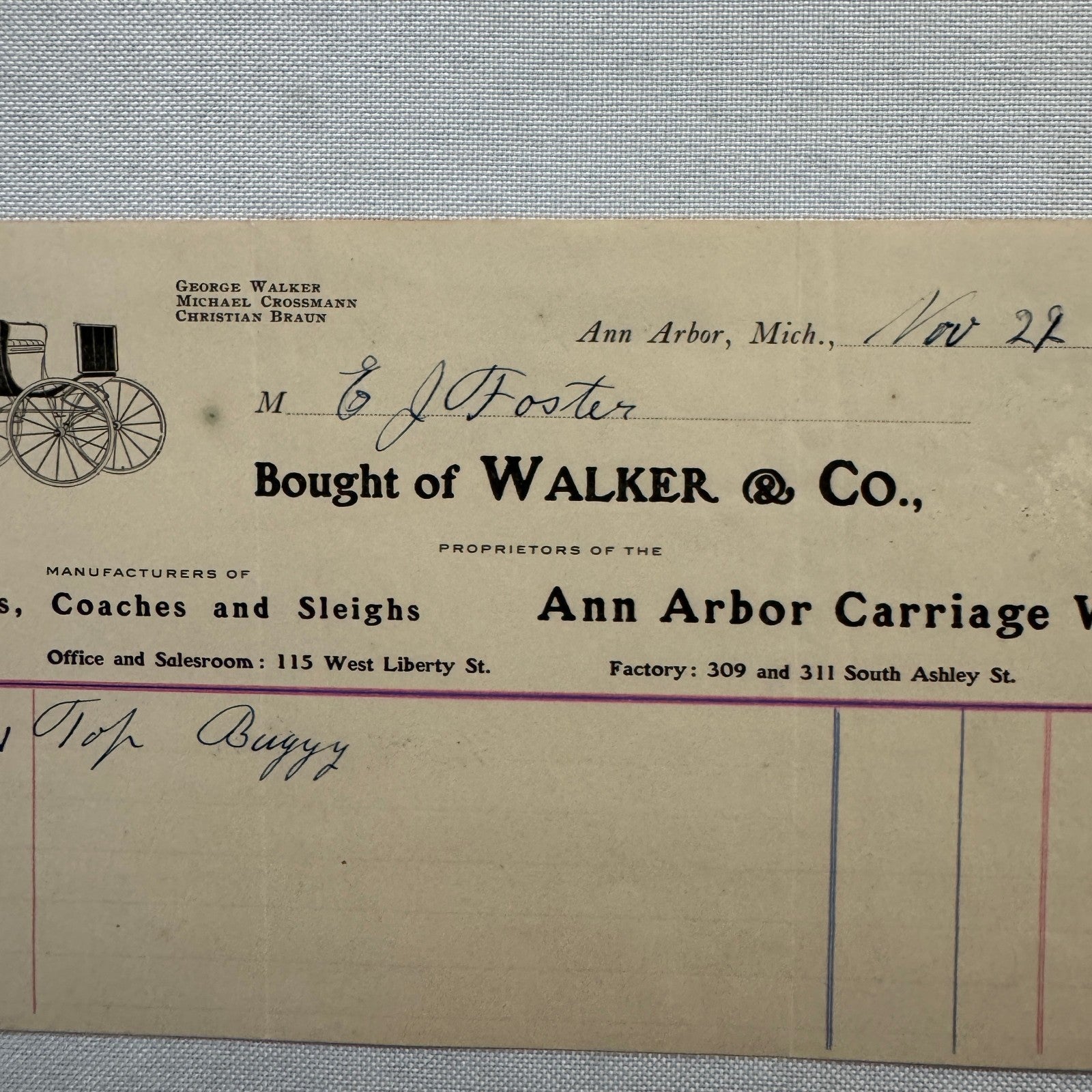 1907 Walker and Company Ann Arbor Carriage Works Receipt Letterhead Document