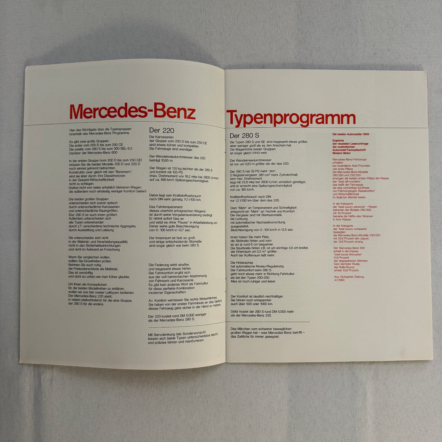 Vintage Mercedes Benz Sales Brochure Catalog 280 SL 300 SEL 600 230 250 GERMAN