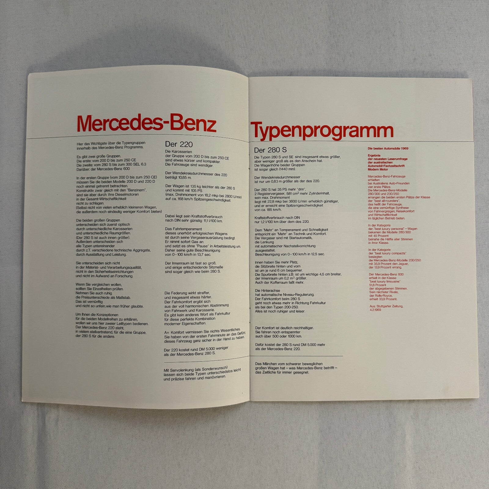 Vintage Mercedes Benz Sales Brochure Catalog 280 SL 300 SEL 600 230 250 GERMAN