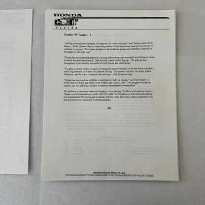 1996 Honda Indy Racing Press Kit Brochure Andre Ribeiro