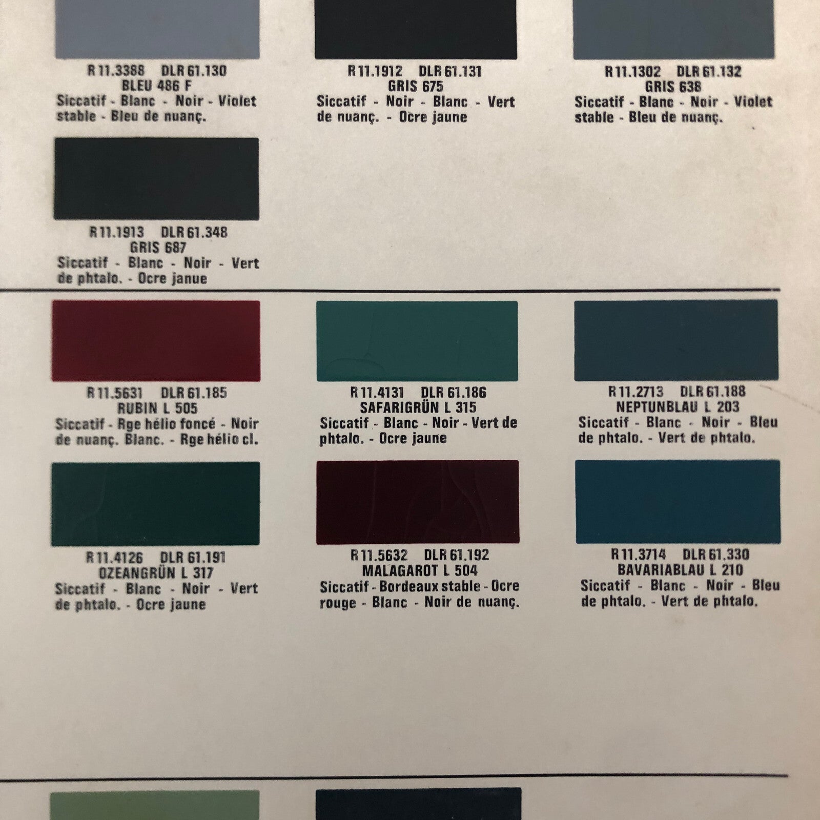 1965 Volkswagen Fiat and Opel Car Paint Chip Color Sample Sheet DUCO