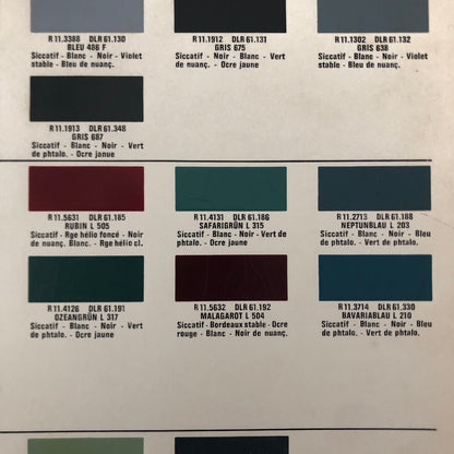 1965 Volkswagen Fiat and Opel Car Paint Chip Color Sample Sheet DUCO
