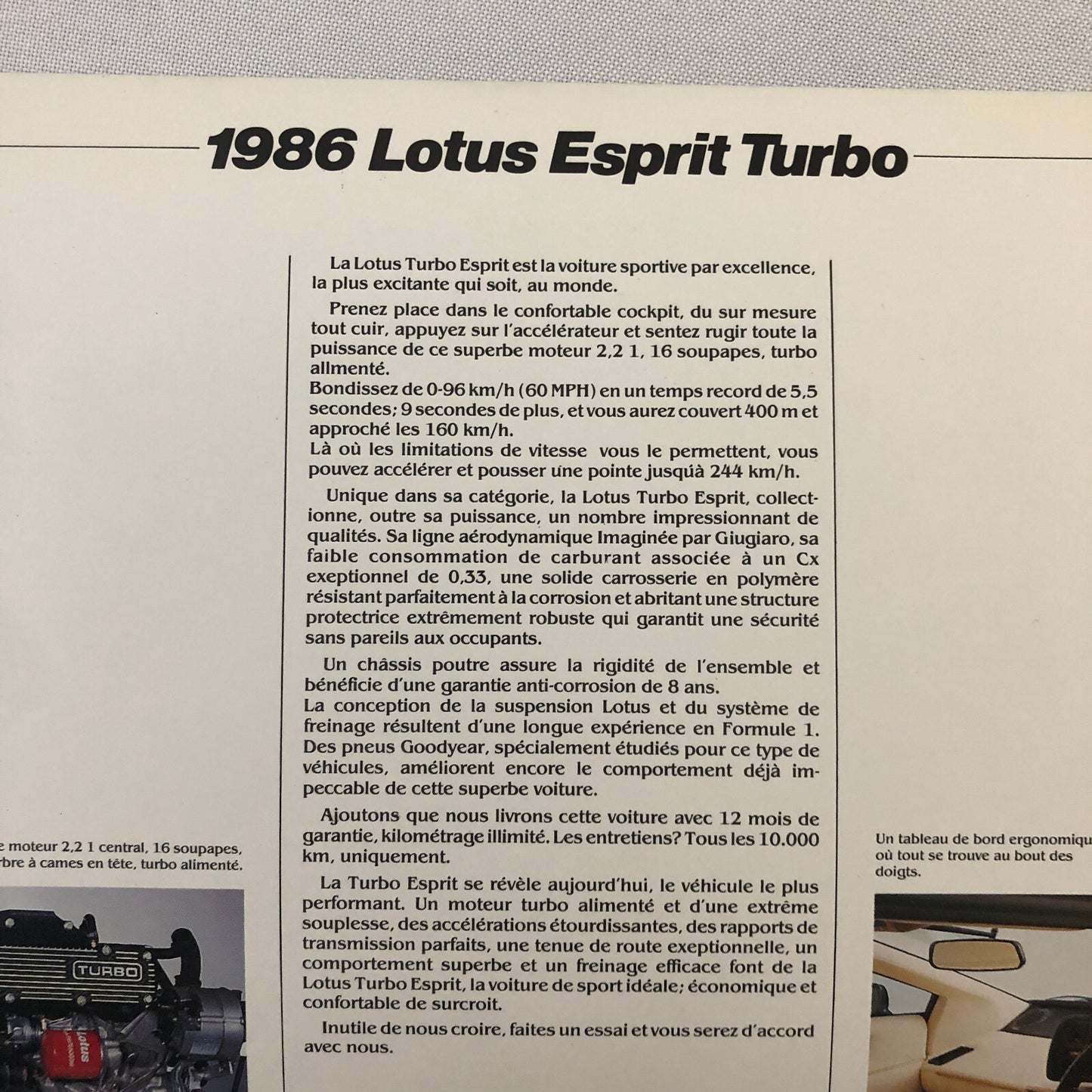 1986 Lotus Esprit Turbo Sales Brochure Vintage FRENCH TEXT