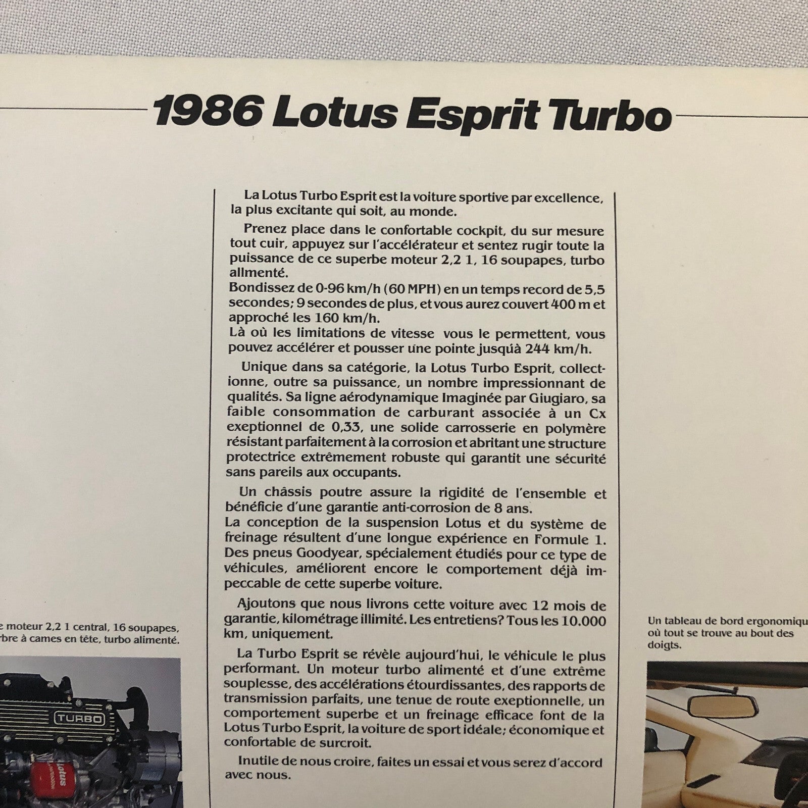 1986 Lotus Esprit Turbo Sales Brochure Vintage FRENCH TEXT