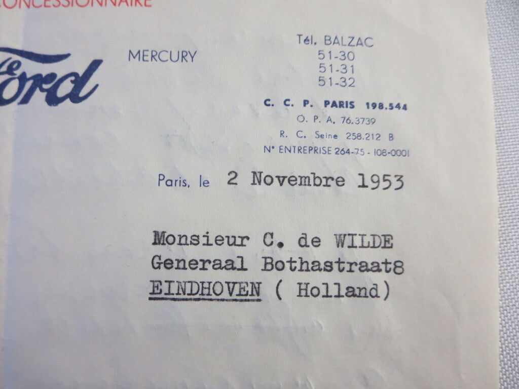 1953 French Ford Dealer Dealership Letter Letterhead Document Car - Berri Artois