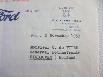 1953 French Ford Dealer Dealership Letter Letterhead Document Car - Berri Artois