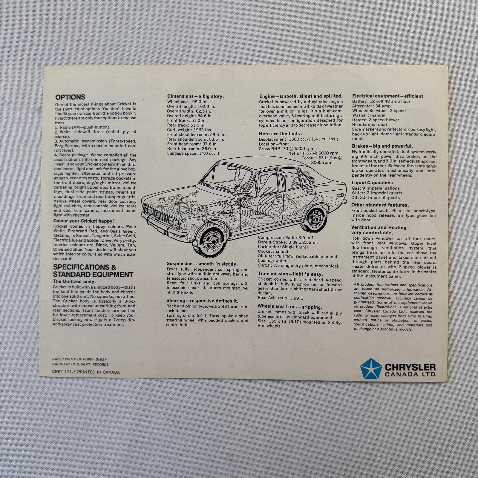 Plymouth Cricket Car Sales Brochure Catalog Sedan Bobby Gimby Cover Canadian