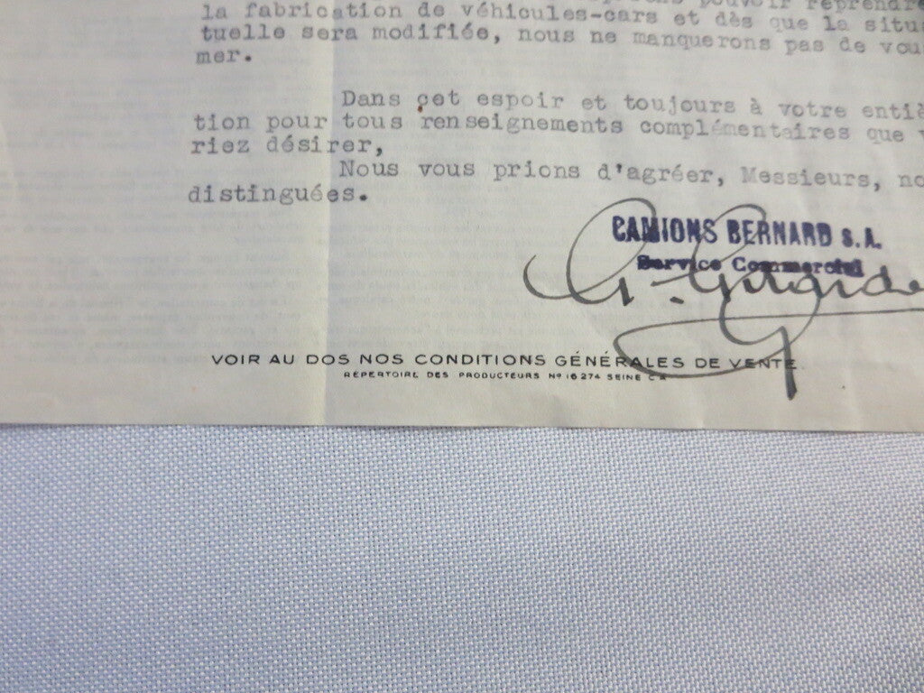 1946 Camions Bernard Truck Company Letter Letterhead Document 