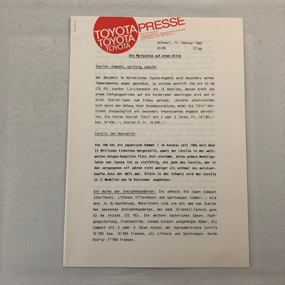 1989 Toyota Press Kit German Brochure Starlet Supra Carina Corolla Photos