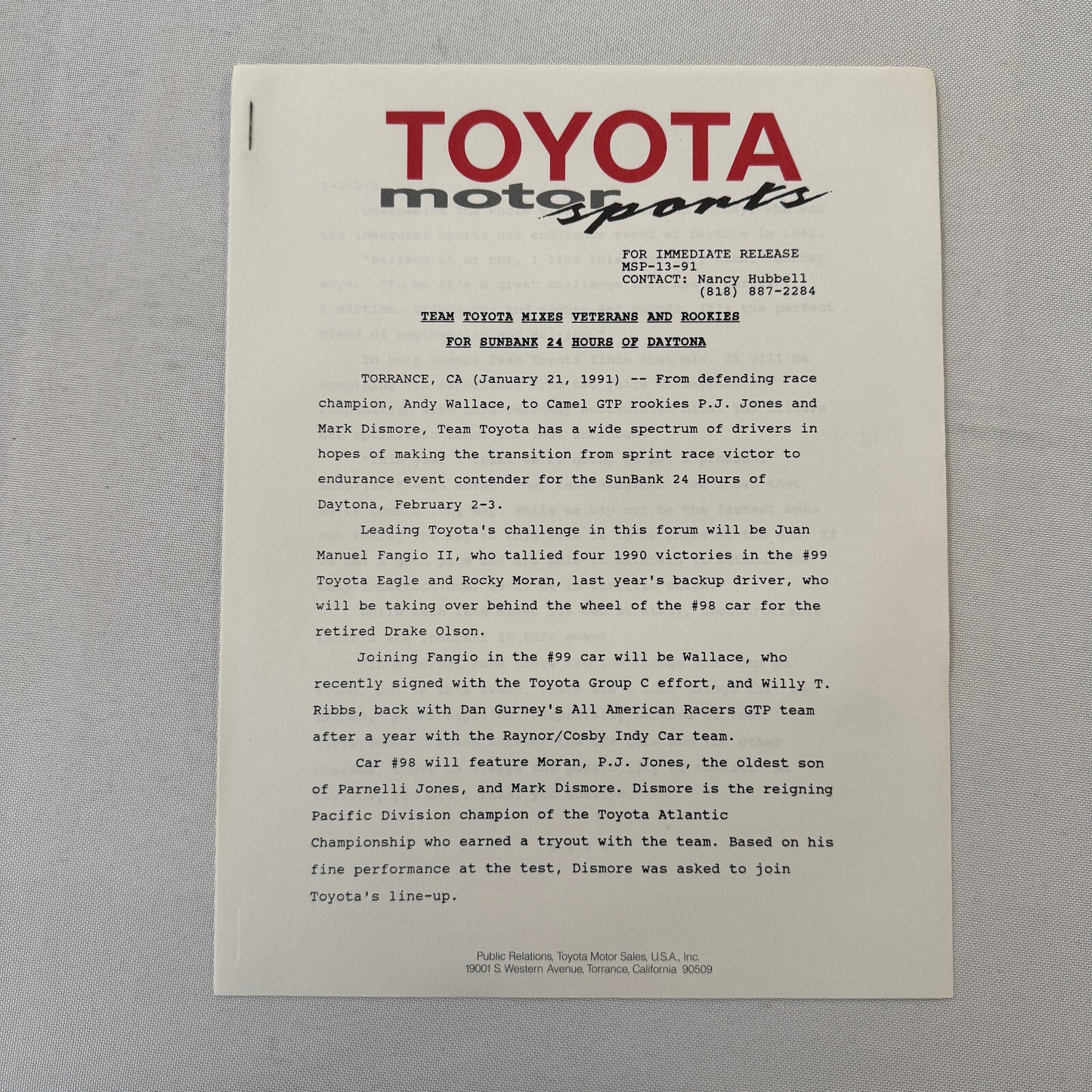 1991 Toyota Motorsport Racing Press Kit Dan Gurney Willy T Ribbs Fangio II