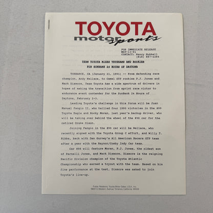1991 Toyota Motorsport Racing Press Kit Dan Gurney Willy T Ribbs Fangio II