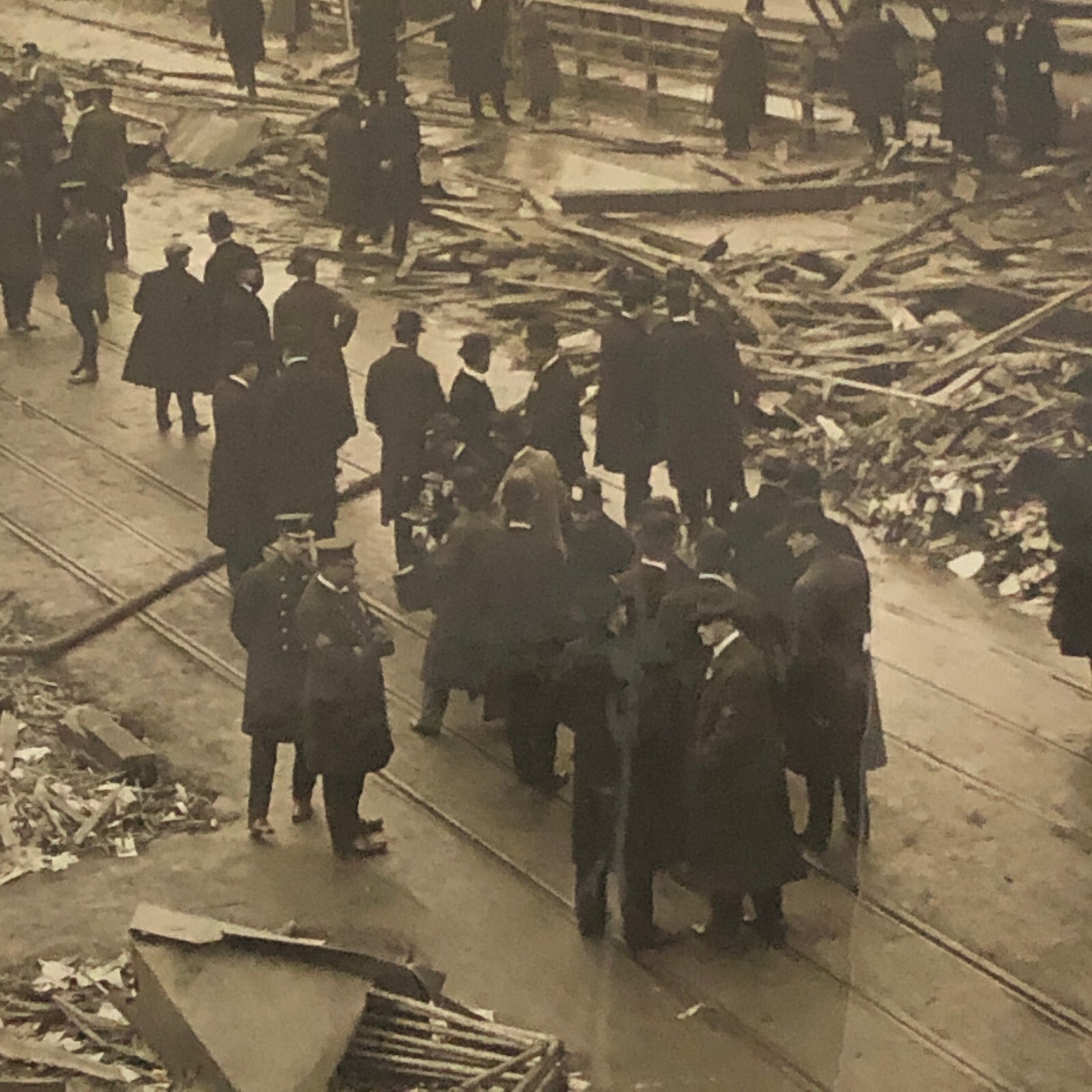 Press Photo Photograph Automobile and Trolley Car Accident Wreck Disaster