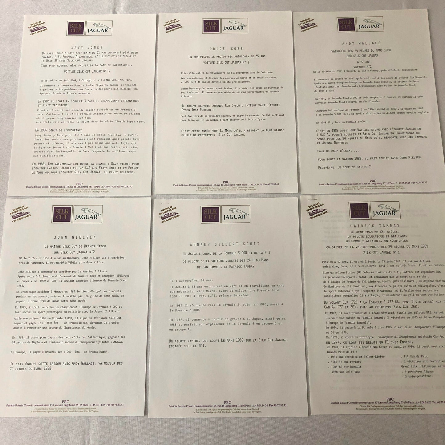 1989 Jaguar Silk Cut Racing Car Team Press Kit Photos + FRENCH LANGUAGE