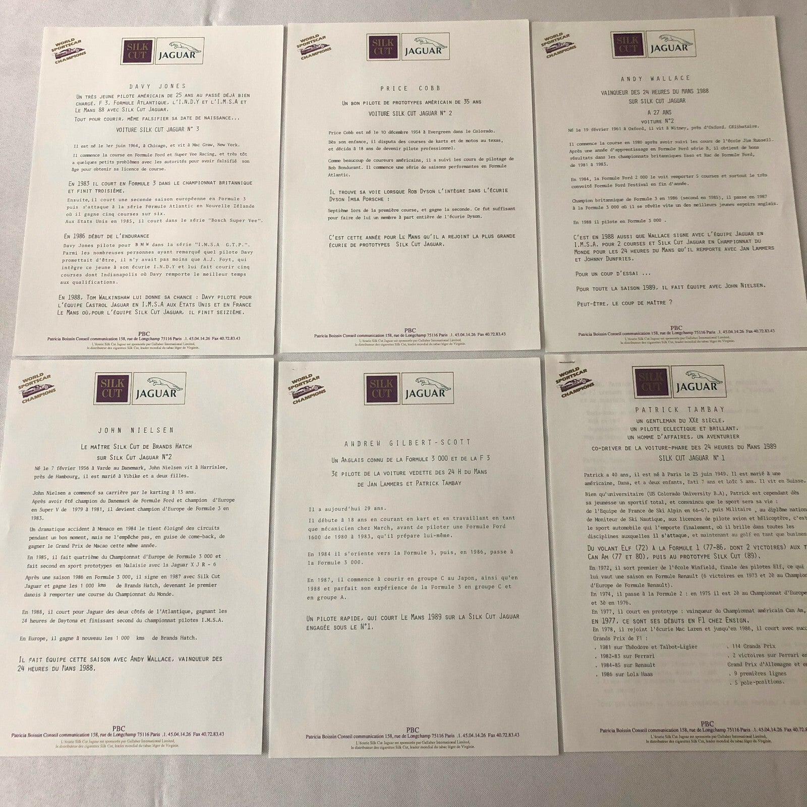 1989 Jaguar Silk Cut Racing Car Team Press Kit Photos + FRENCH LANGUAGE