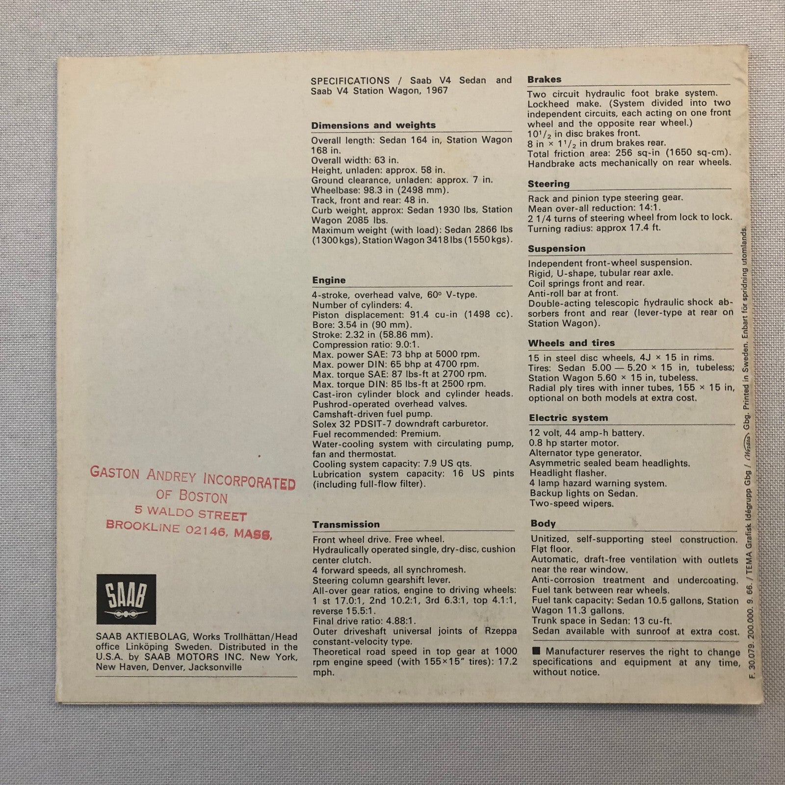 1967 Saab V4 Sedan and Station Wagon Car Sales Brochure Catalog Advertising