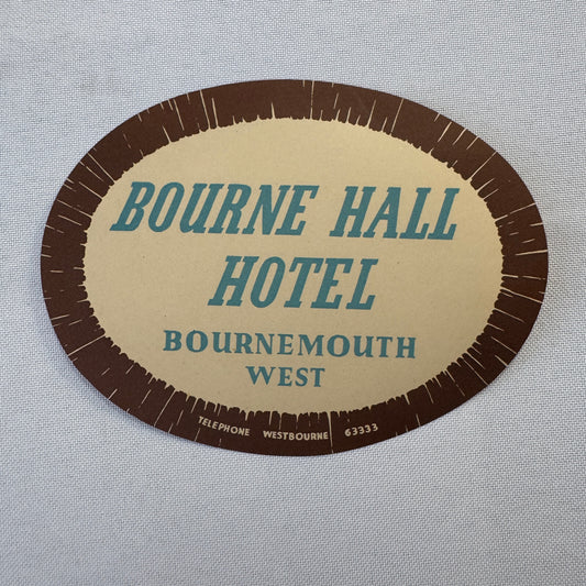 Vintage Travel Label Bourne Hall Hotel Bournemouth West UK England
