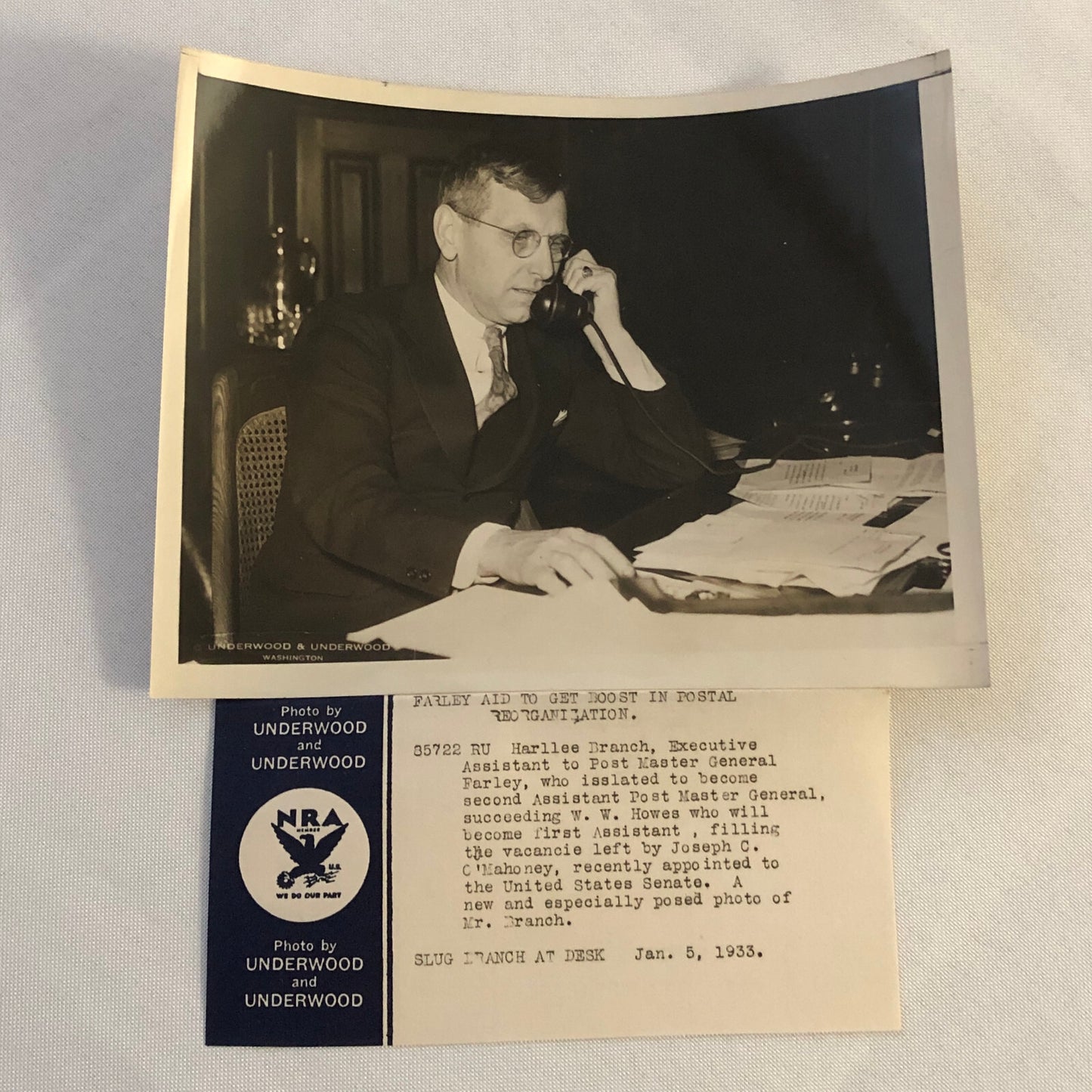 Press Photograph Photo Postmaster General Assistant Harllee Branch 1933