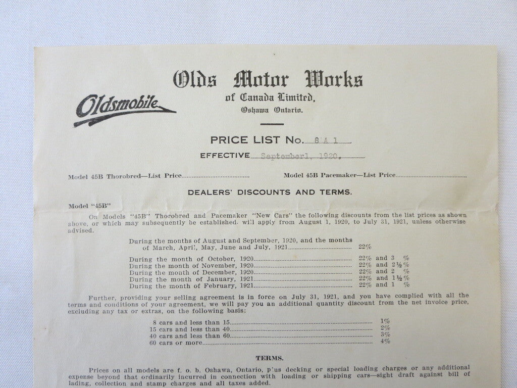 1920 Oldsmobile 45B Motor Car Factory Pricing Document Letterhead 