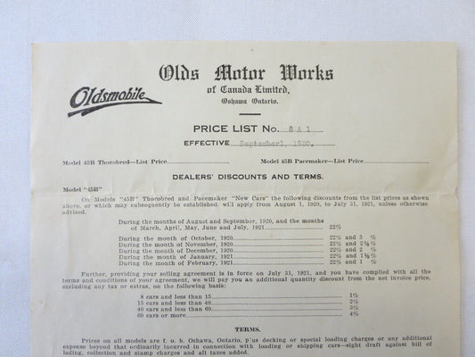 1920 Oldsmobile 45B Motor Car Factory Pricing Document Letterhead 