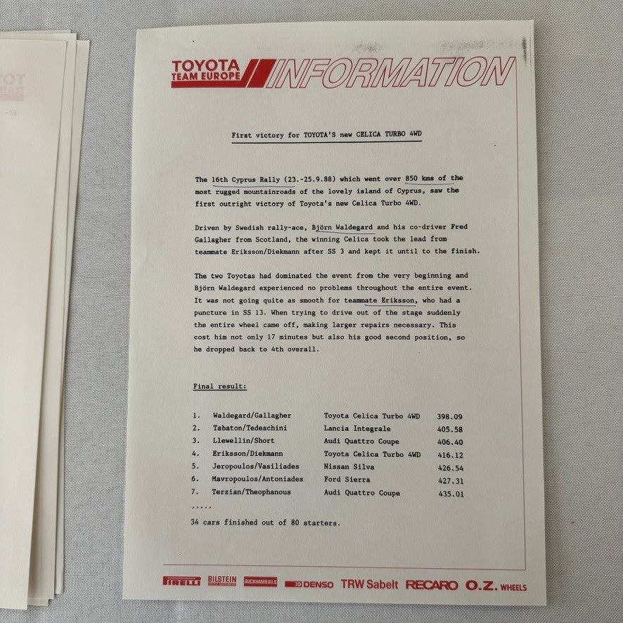 1988 Toyota Celica Rally Rallye Racing Press Kit Motorsport Race Photos Photo